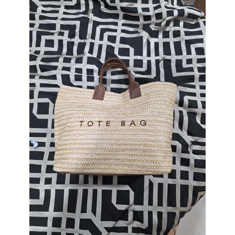 Woven Straw Tote Bag Beige Brown Faux Leather Handle Beach Summer Carryall - Picture 5 of 7